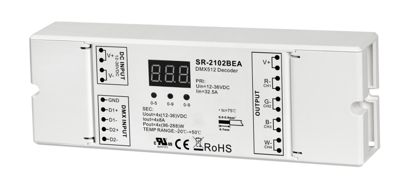 SR-2102BEA 4-channel DMX512 RDM LED decoder with 8A per channel and OTA update
