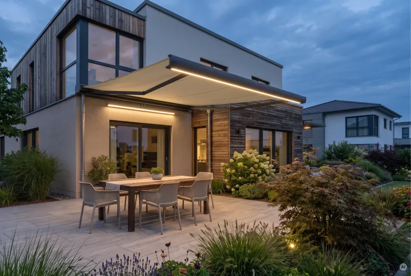 Ausgefahrene Markise mit integrierter warmweißer LED-Lichtleiste über einem Esstisch auf einer gepflasterten Terrasse bei Abenddämmerung.