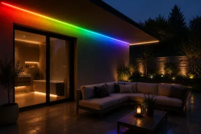 LED Streifen Set RGBCCT IP65 – RGB & CCT Außenbeleuchtung für Terrasse Moderne Terrasse mit RGBCCT IP65 COB LED Streifen und indirekter Außenbeleuchtung.