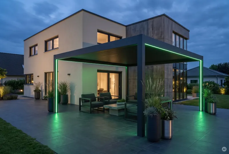 Moderne anthrazitfarbene Terrassenpergola an einem Neubau mit satter grüner LED-Konturbeleuchtung entlang der Pfosten und der Dachkante. Darunter befindet sich eine Loungegruppe auf dunklem Feinsteinzeugboden.