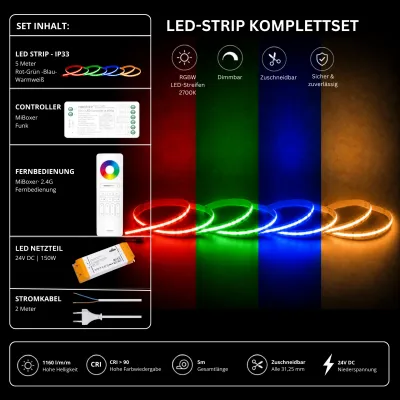 RGBW LED-Streifen Komplettset 5 m 24 V mit MiBoxer Funk-Controller, Fernbedienung, 150-W-Netzteil und Stromkabel