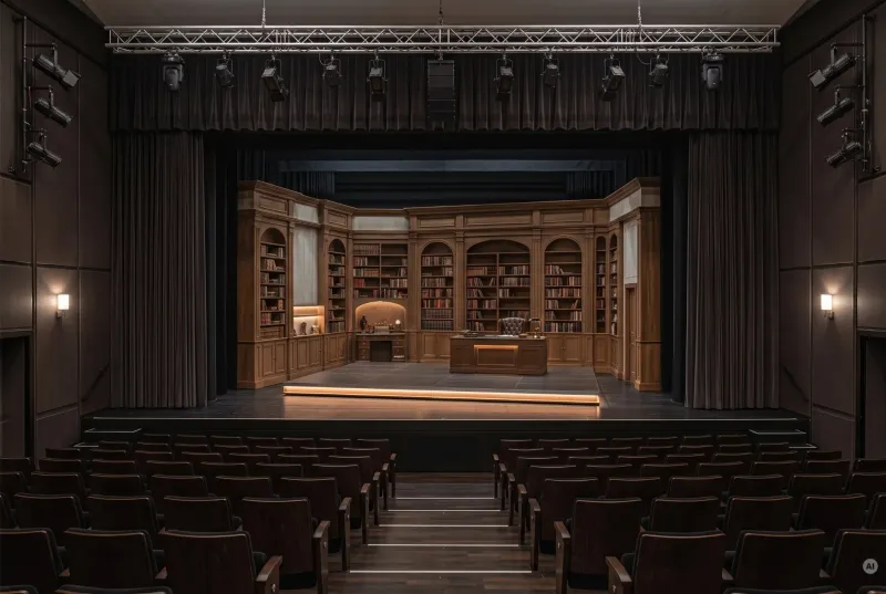 Blick aus dem Zuschauersaal auf eine Theaterbühne mit aufwendiger Holzbibliothek-Kulisse, Schreibtisch, warm leuchtender LED-Stufenkante und Traversen-Scheinwerfern.