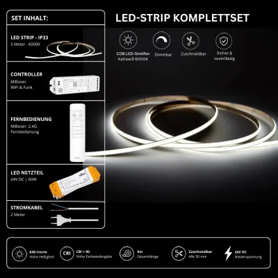 COB LED-Strip Komplettset mit 5 m kaltweißem LED-Streifen 6000 K, 24 V Netzteil, MiBoxer WiFi & Funk Controller und 2,4 GHz Fernbedienung, CRI > 90
