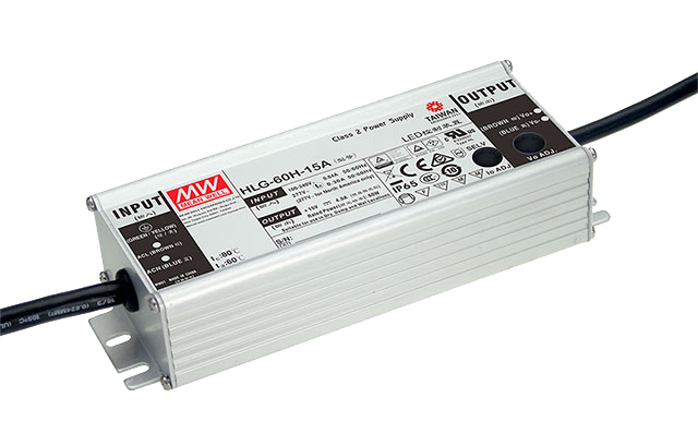 Mean Well HLG-60H-24A LED Netzteil 24V 60W – IP65 Aluminiumgehäuse, Konstantspannung und Konstantstrom per Poti einstellbar, lüfterlos, TÜV CE