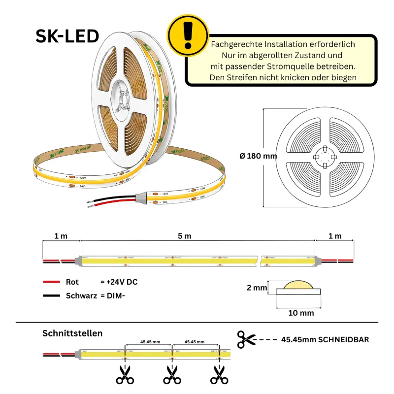 COB LED Streifen 10 mm – 528 LEDs/m, 24V, 14W/m, 1600 lm/m, 5m – Neutralweiß 4000K CRI>90, IP65 Wasserfest