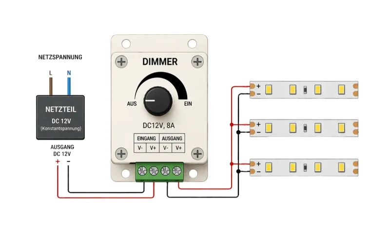 LED Dimmer 12V 24V 8A Anschlussplan für LED Streifen mit Netzteil und Verkabelung