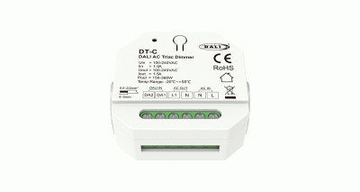 DT-C DALI Triac Dimmer Frontansicht für 230V LED Beleuchtung mit Anschlussklemmen