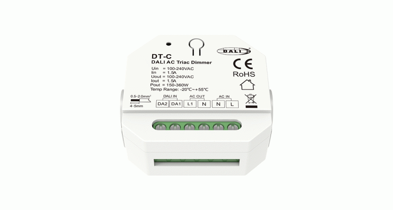 DT-C DALI Triac Dimmer Frontansicht für 230V LED Beleuchtung mit Anschlussklemmen
