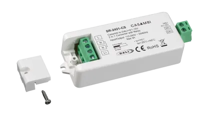 Casambi DALI Gateway SR-2421-CS geöffnet mit 230V Anschlussklemmen und DALI Ausgang