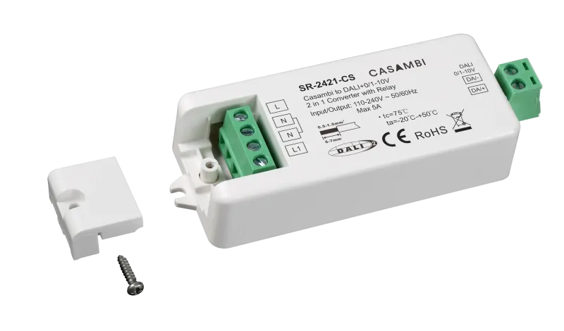 Casambi DALI Gateway SR-2421-CS geöffnet mit 230V Anschlussklemmen und DALI Ausgang