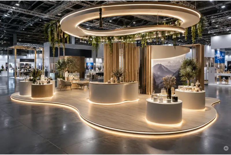 Organisch geformter Messestand mit geschwungenem Podium, fließender Deckenleuchte, LED-Bodenkonturen und Pflanzenelementen.