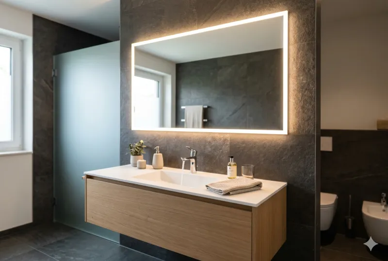 Modernes Badezimmer mit indirekter LED-Spiegelbeleuchtung für eine gleichmäßige und funktionale Ausleuchtung des Waschtischs