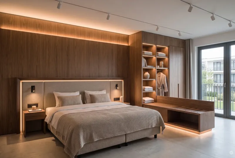 luxus-hotelzimmer-innenausbau-walnuss-holzpaneele-indirekte-led-beleuchtung