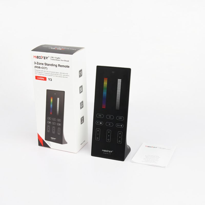 MiBoxer Y3 RGB CCT LED Fernbedienung als Standgerät mit Verpackung und Lieferumfang 3 Zonen 2.4GHz Steuerung für RGB und CCT LED Streifen