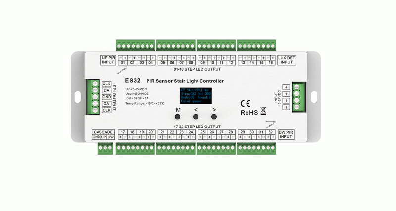 ES32 Treppenlicht Controller 32 Kanal mit PIR Sensor für LED Treppenbeleuchtung Frontansicht mit Anschlussklemmen
