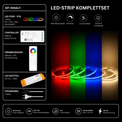 LED Streifen Set RGBW Neutralweiß 4000K IP33 mit 5 m COB LED Streifen, SM5 Matter Controller, SS100 Netzteil und C5 Funk-Fernbedienung in Weiß.
