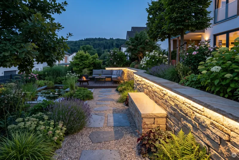 Garten-Kiesweg mit Treppenstufen, flankiert von einer Natursteinmauer mit unterliegendem LED-Lichtband, leading zu einer gemütlichen Lounge mit Feuerschale.