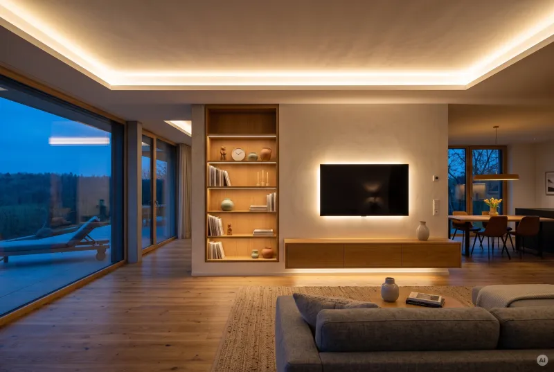 Moderne Interieuraufnahme eines Wohnzimmers mit kombinierten LED-Lichtzonen an Decke, Wandregal, TV-Hintergrund und Unterseite des Sideboards.