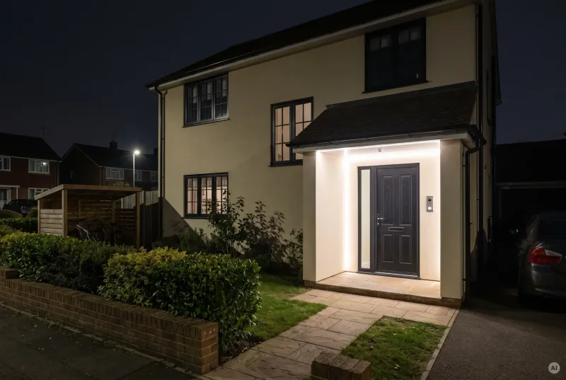 Saniertes Einfamilienhaus bei Nacht mit automatisch aktiviertem, neutralweißem LED-Licht unter dem Eingangsvordach für eine sichere Ausleuchtung von Tür und Zugangsweg.