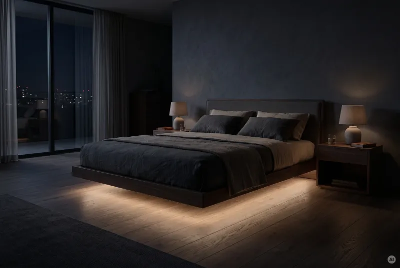 Dunkles Schlafzimmer mit einem schwebenden Doppelbett aus Holz und indirektem warmem LED-Licht am Boden als Orientierungslicht.