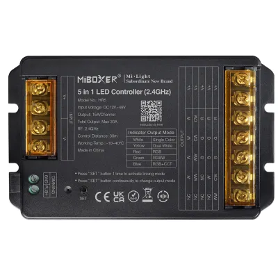 MiBoxer HR5 5-in-1 LED Controller – RGB RGBW RGBCCT CCT einfarbig, 12–48V, 30A | SK-LED MiBoxer HR5 5-in-1 LED Controller – RGB, RGBW, RGB+CCT, CCT und einfarbig, 12–48V DC, 30A, 2,4 GHz Funk, Schraubklemmen, Frontansicht