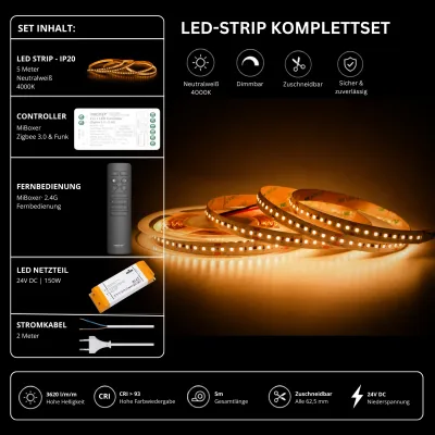 LED-Streifen Komplettset 24V mit 5 m SMD LED-Streifen in Neutralweiß 4000K, 3620 lm/m, CRI über 93, MiBoxer Zigbee 3.0 Funk-Controller, schwarzer 2.4G Fernbedienung und 150W Netzteil