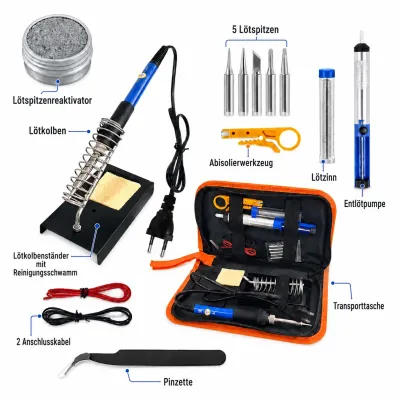 Lötkolben Set 15-teilig – 60 W Lötkolben mit regelbarer Temperatur 200-450°C, Entlötpumpe, 5 Lötspitzen, Lötzinn, Spitzen-Reaktivator & Zubehör in der Tragetasche Lötkolben Set 15-teilig – 60 W Lötkolben mit regelbarer Temperatur 200-450°C, Entlötpumpe, 5 Lötspitzen, Lötzinn, Spitzen-Reaktivator & Zubehör in der Tragetasche
