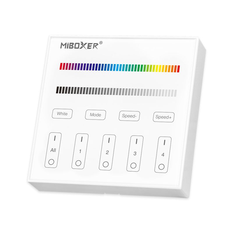 Weiße LED RGBW Wandsteuerung mit 2,4 GHz Funktechnik und Glas-Touchpanel. 4 Zonen steuerbar, getrennte Regelung von RGB-Farben und Weißkanal mit dimmbarer Helligkeit. Ideal für professionelle LED-Beleuchtungssysteme und moderne Smart-Home-Anwendungen.