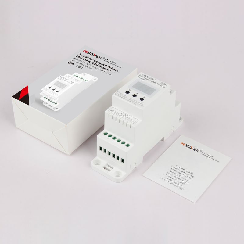 MiBoxer D5-T 5-Kanal DMX512 RDM LED-Decoder mit Verpackung und Zubehör für Hutschiene Art. 23001