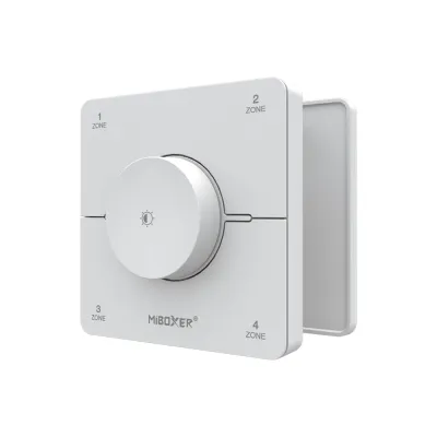 MiBoxer K0S CCT LED Wandfernbedienung in Weiß mit Drehregler und sichtbarer Rückseite zur Montage und magnetischen Halterung für LED Streifen Steuerung