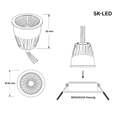 MR16 LED Spot 10W 24V CCT Maßzeichnung – 2000-6000K CRI95 60° Abstrahlwinkel Maßzeichnung MR16 LED Spot 10W 24V DC mit CCT 2000-6000K, CRI 95 und 60° Abstrahlwinkel