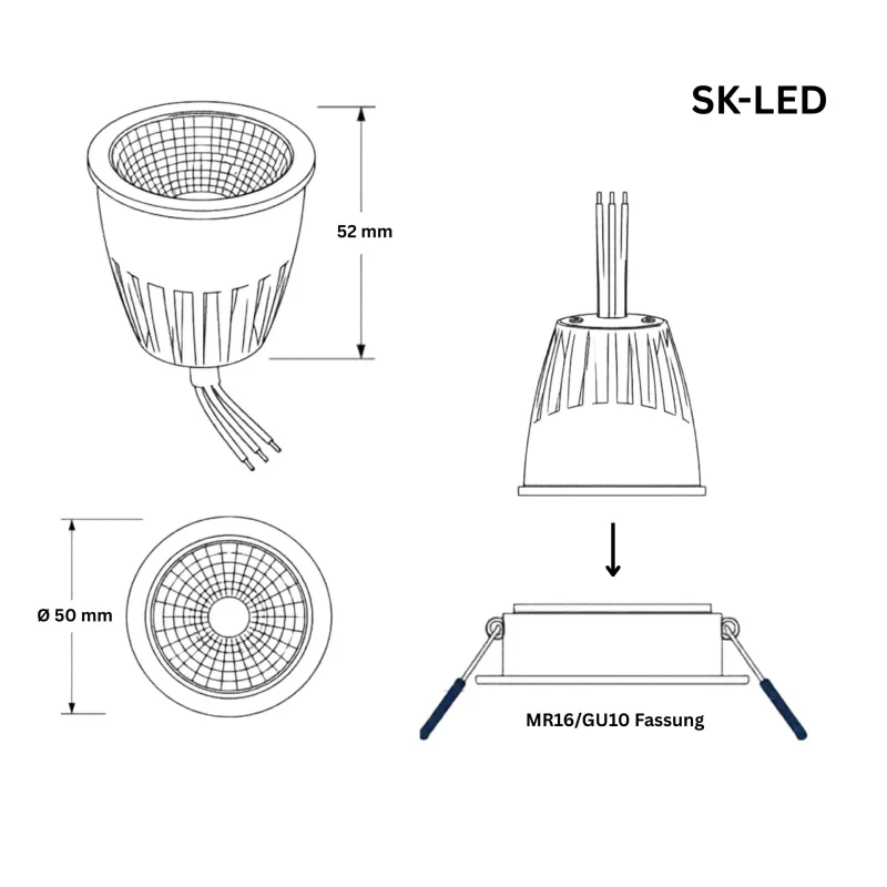 Maßzeichnung MR16 LED Spot 10W 24V DC mit CCT 2000-6000K, CRI 95 und 60° Abstrahlwinkel