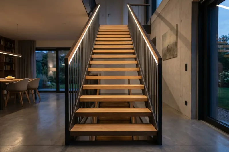Frontalansicht einer modernen, offenen Holztreppe mit schwarzen Metallstreben, bei der beide Handläufe mit einer durchgehenden, warmweißen LED-Lichtlinie ausgestattet sind und die Stufen perfekt ausleuchten.