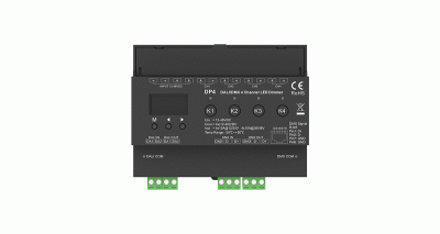 DALI DMX LED Dimmer DP4 4 Kanal Frontansicht DALI DMX LED Dimmer DP4 4 Kanal Controller Frontansicht mit Display und Anschlüssen