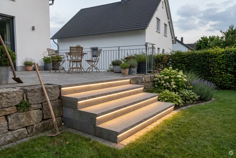 Lange schmale Terrasse aus dunklen Holzdielen an einem modernen Klinkerhaus mit Glasdach, integrierten LED-Lichtleisten in den Sparren und Essbereich zur blauen Stunde.