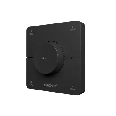 MiBoxer K0S CCT LED Wandfernbedienung in Schwarz 2.4GHz Drehregler in schräger Ansicht MiBoxer K0S CCT LED Wandfernbedienung in Schwarz mit Drehregler zur Steuerung von LED Streifen über 2.4GHz Funk in schräger Ansicht