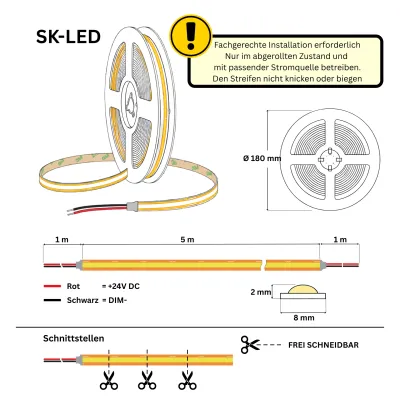 Technische Zeichnung COB Free Cut LED Streifen 8mm 24V mit 528 LEDs/m, 2700K Warmweiß, CRI 90 und frei wählbaren Schnittstellen