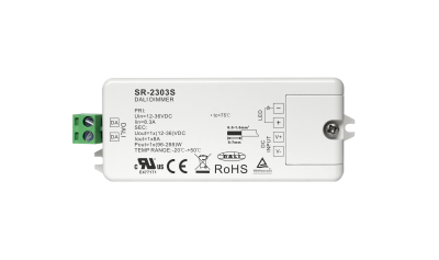 SR-2303S 2-in-1 LED Dimmer für die direkte Steuerung von 12-48V DC LED Streifen wahlweise über DALI-Bus oder klassische 230V Wandtaster mit automatischer Signal-Erkennung SR-2303S kompakter 2-in-1 LED Dimmer mit zwei Steuer-Modi (DALI und Push DIM), 12-48V DC Konstantspannung, 8A Ausgangsstrom, automatischer Erkennung des Eingangs-Signaltyps und 95×37×20mm kompaktem Gehäuse