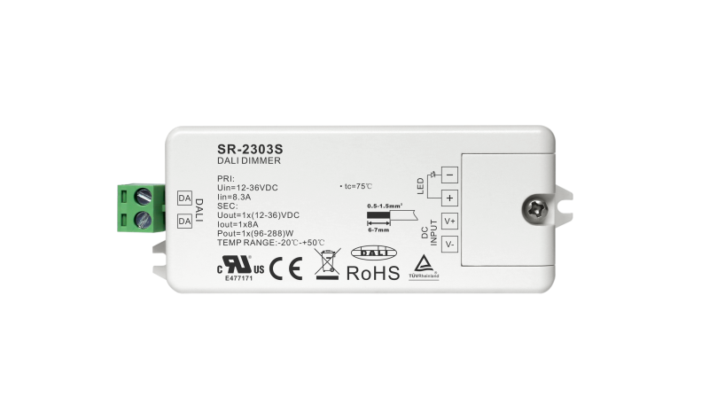 SR-2303S kompakter 2-in-1 LED Dimmer mit zwei Steuer-Modi (DALI und Push DIM), 12-48V DC Konstantspannung, 8A Ausgangsstrom, automatischer Erkennung des Eingangs-Signaltyps und 95×37×20mm kompaktem Gehäuse