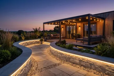 Eine beleuchtete Terrasse mit Holz-Pergola und Lounge-Möbeln bei Nacht, gesäumt von einem geschwungenen Plattenweg mit warmweißen LED-Lichtbändern unter der Steinmauerkante.