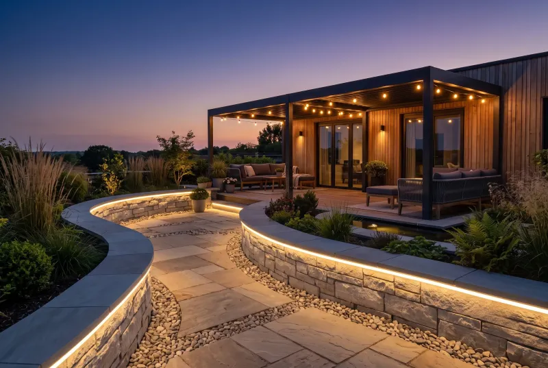 Eine beleuchtete Terrasse mit Holz-Pergola und Lounge-Möbeln bei Nacht, gesäumt von einem geschwungenen Plattenweg mit warmweißen LED-Lichtbändern unter der Steinmauerkante.