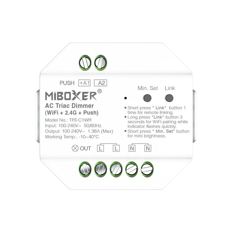 MiBoxer TRI-C1WR WIFI LED-Dimmer für 230 V Leuchten – Triac-Dimmer mit 2,4 GHz Funk & Tastersteuerung