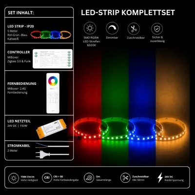RGBW LED Streifen Komplettset 24V mit 5 m SMD LED Streifen 6500K, MiBoxer Zigbee 3.0 Funk Controller, 2.4G Fernbedienung und 150W Netzteil