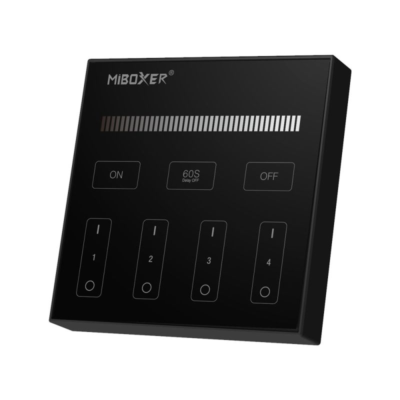 MiBoxer B1 / MiLight B1 LED Wandfernbedienung in Schwarz – 4-Zonen Touchpanel mit 2,4 GHz Funktechnik zur stufenlosen Dimmung einfarbiger LEDs, Wandsteuerung mit Magnetmontage und AAA-Batteriebetrieb, kompatibel mit MiBoxer LED-Controllern