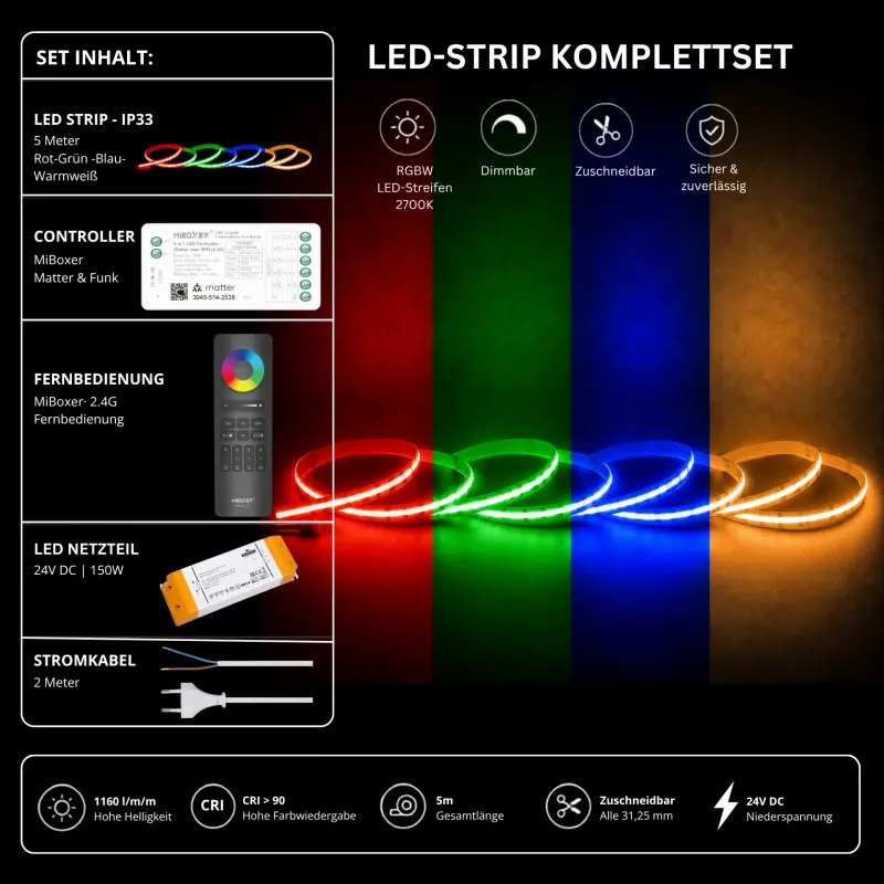 RGBW LED-Streifen Komplettset 5 m 24 V mit MiBoxer Matter- und Funk-Controller, schwarzer 2,4-GHz-Fernbedienung, 150-W-Netzteil und Stromkabel