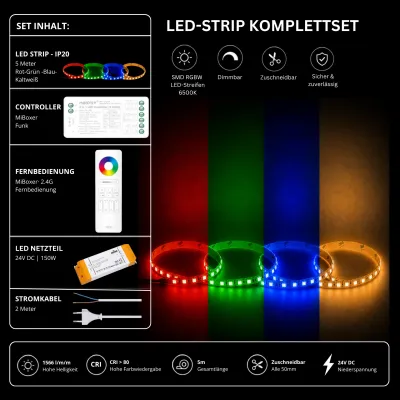RGBW LED Streifen Komplettset 24V mit 5 m SMD LED Streifen 6500K, MiBoxer Funk Controller, 2.4G Fernbedienung und 150W Netzteil