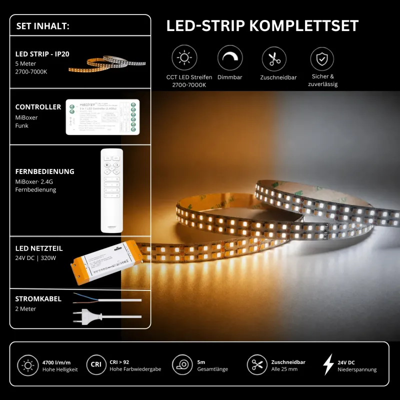 CCT LED-Strip Komplettset mit 5 m LED-Streifen 2700–7000 K, 24 V Netzteil, MiBoxer Funk-Controller und 2,4 GHz Fernbedienung, 4700 lm/m und CRI > 92