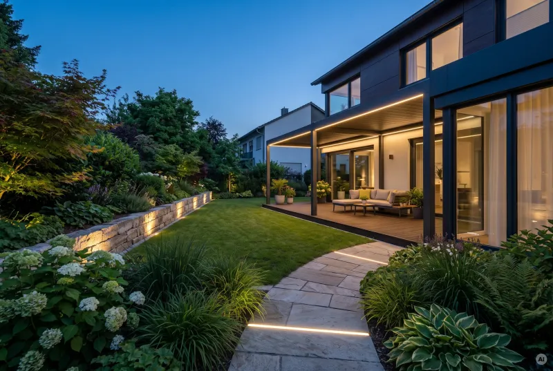 Moderner Garten bei Dämmerung mit LED-Bodenlichtleisten im Natursteinweg, beleuchteter Terrassenüberdachung und warm schimmernder Natursteinmauer.