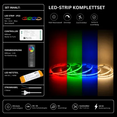 LED Streifen Set RGBW Neutralweiß 4000K IP33 mit COB LED Streifen, SM5 Matter Controller, SS100 Netzteil und C5 Fernbedienung in Schwarz.