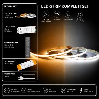 LED Streifen Komplettset IP65 WiFi 24V – Warmweiß bis Kaltweiß mit MiBoxer WLAN Controller LED Streifen Komplettset mit 5 m IP65 CCT LED-Streifen (2700K–6000K), MiBoxer WiFi-Controller, schwarzer 2,4 GHz Funk-Fernbedienung, 100W 24V LED-Netzteil und Stromkabel. Smart steuerbares LED-Set